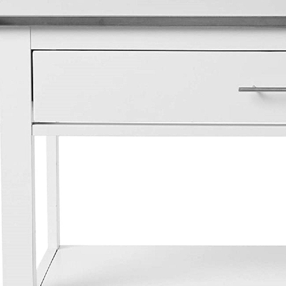 43" Silver and White Stainless steel and Wood Rolling Kitchen Island With Storage
