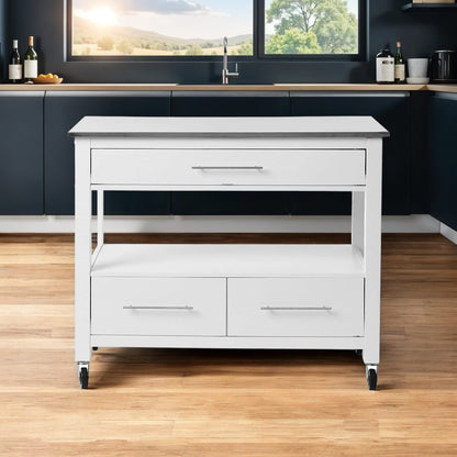 43" Silver and White Stainless steel and Wood Rolling Kitchen Island With Storage