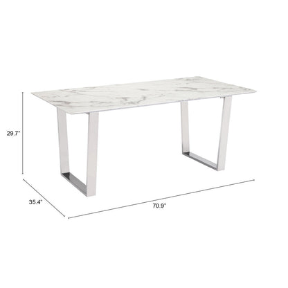 71" White And Silver Marble And Steel Sled Base Dining Table