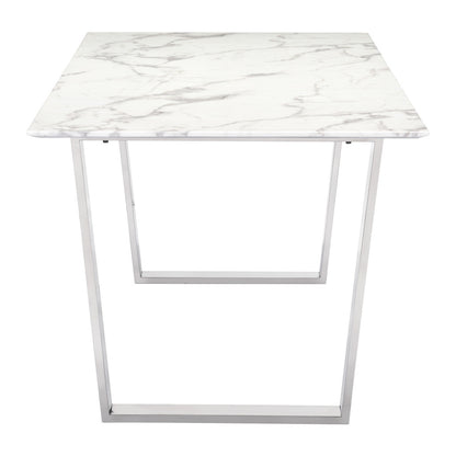 71" White And Silver Marble And Steel Sled Base Dining Table