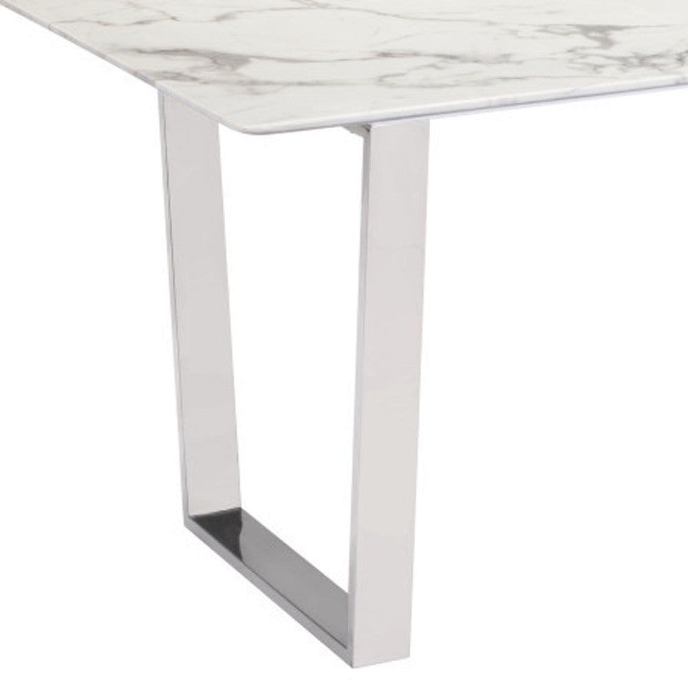 71" White And Silver Marble And Steel Sled Base Dining Table