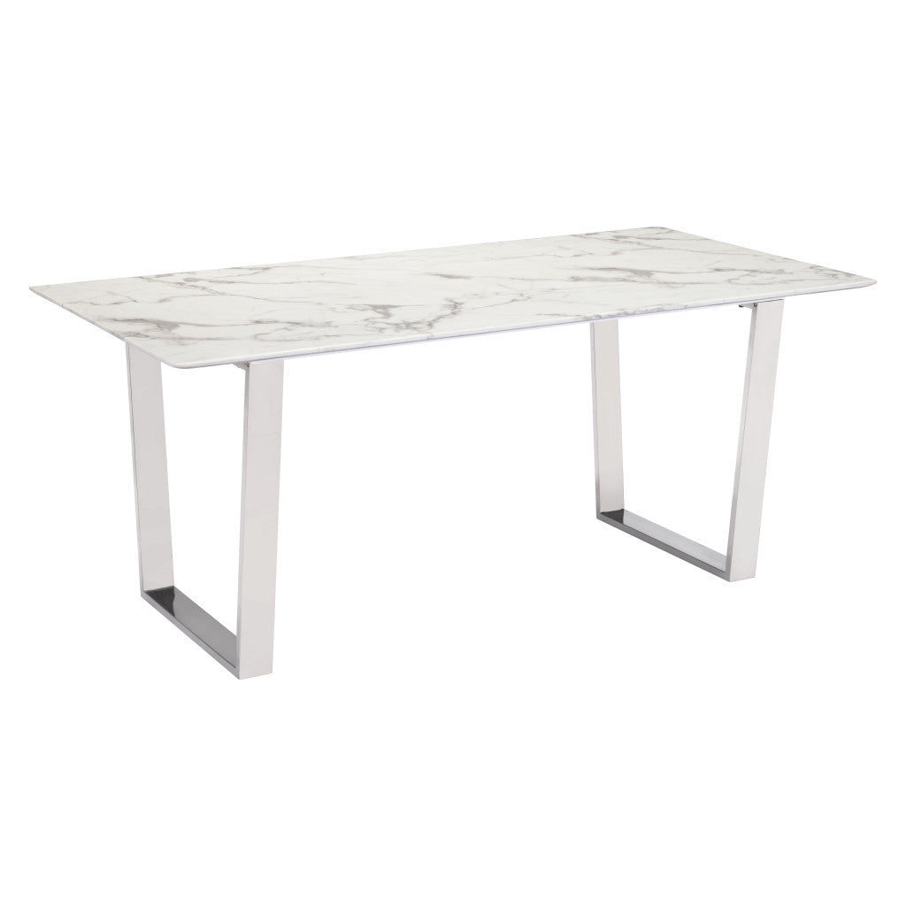 71" White And Silver Marble And Steel Sled Base Dining Table