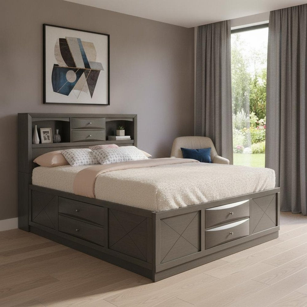 Gray Solid Wood Queen With Ten Drawers Bed Frame