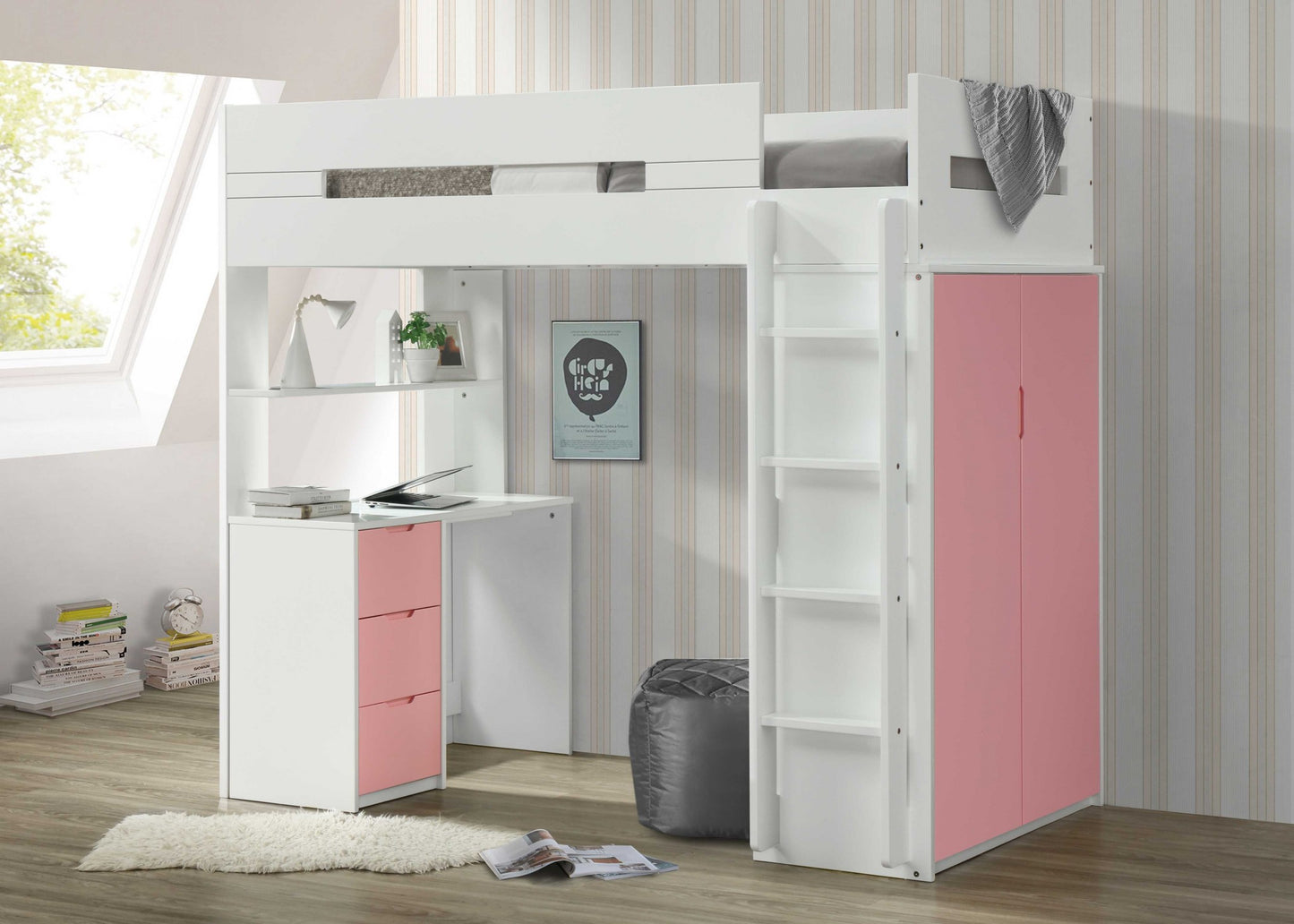 White And Pink Twin Loft Bed And Desk