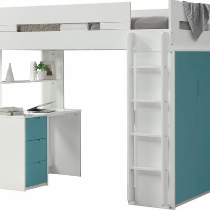 White And Teal Twin Loft Bed And Desk