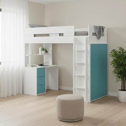 White And Teal Twin Loft Bed And Desk