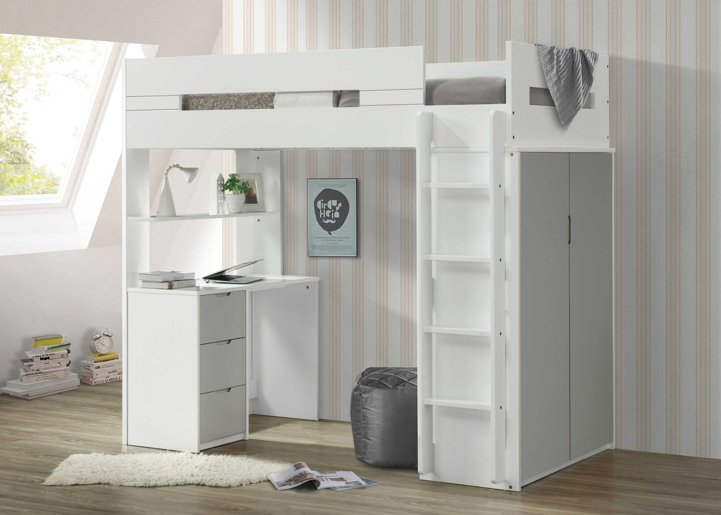 White And Pink Twin Loft Bed And Desk