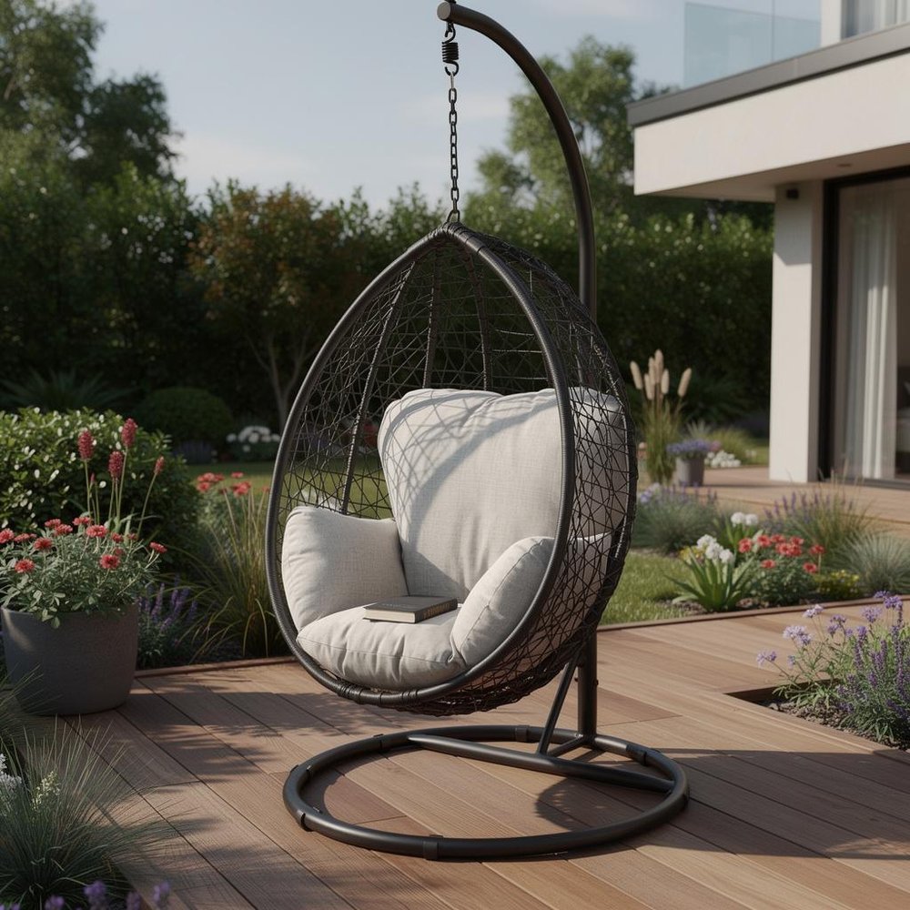38" White Metal Swing Chair With Green Cushion