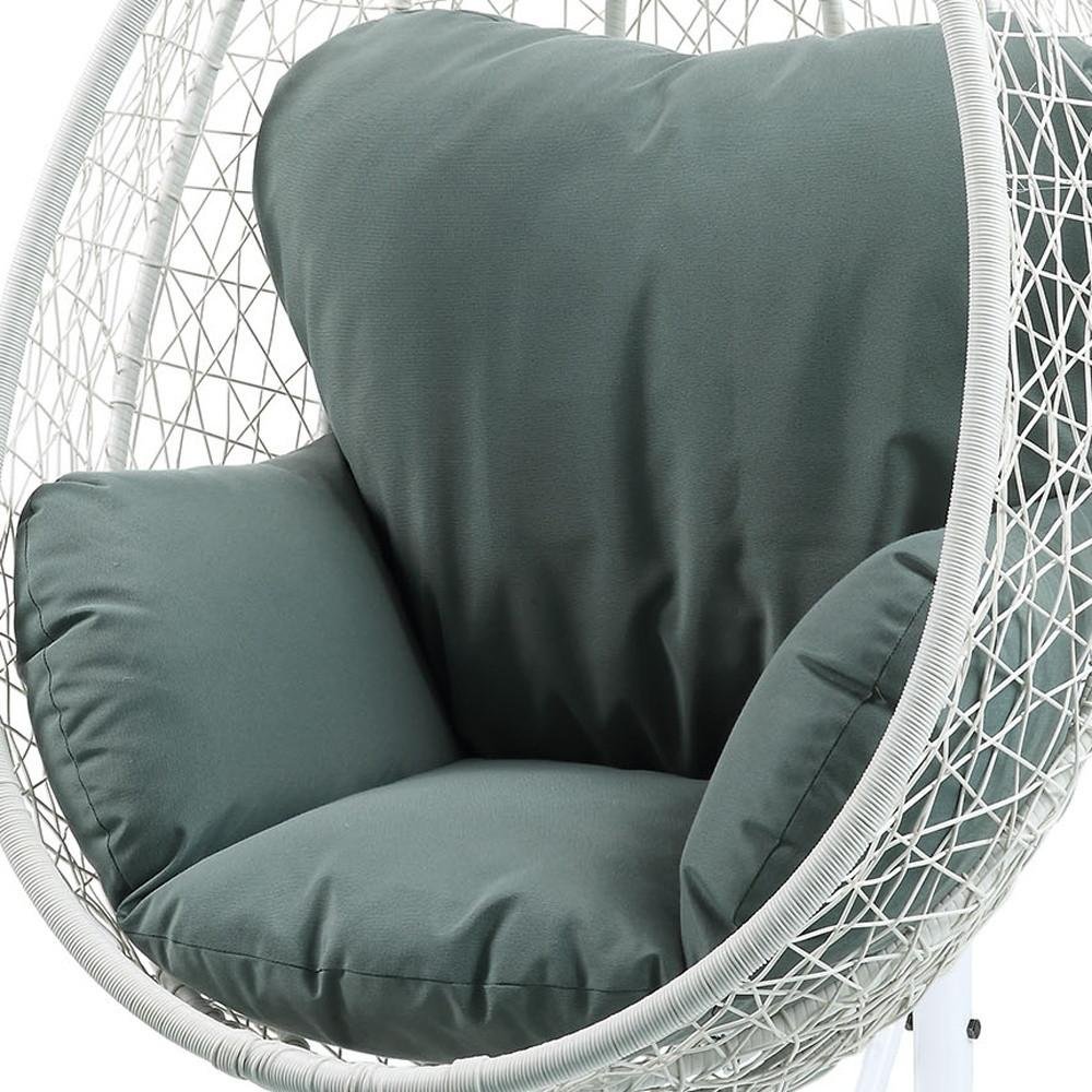 38" White Metal Swing Chair With Green Cushion