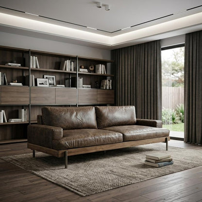 95" Chocolate Top Grain Leather Sofa With Black Legs