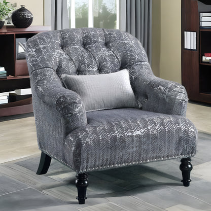 34" Gray And Black Fabric Chevron Tufted Arm Chair And Toss Pillow