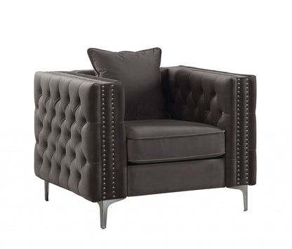 40" Dark Slate Gray And Silver Velvet Tufted Club Chair And Toss Pillow