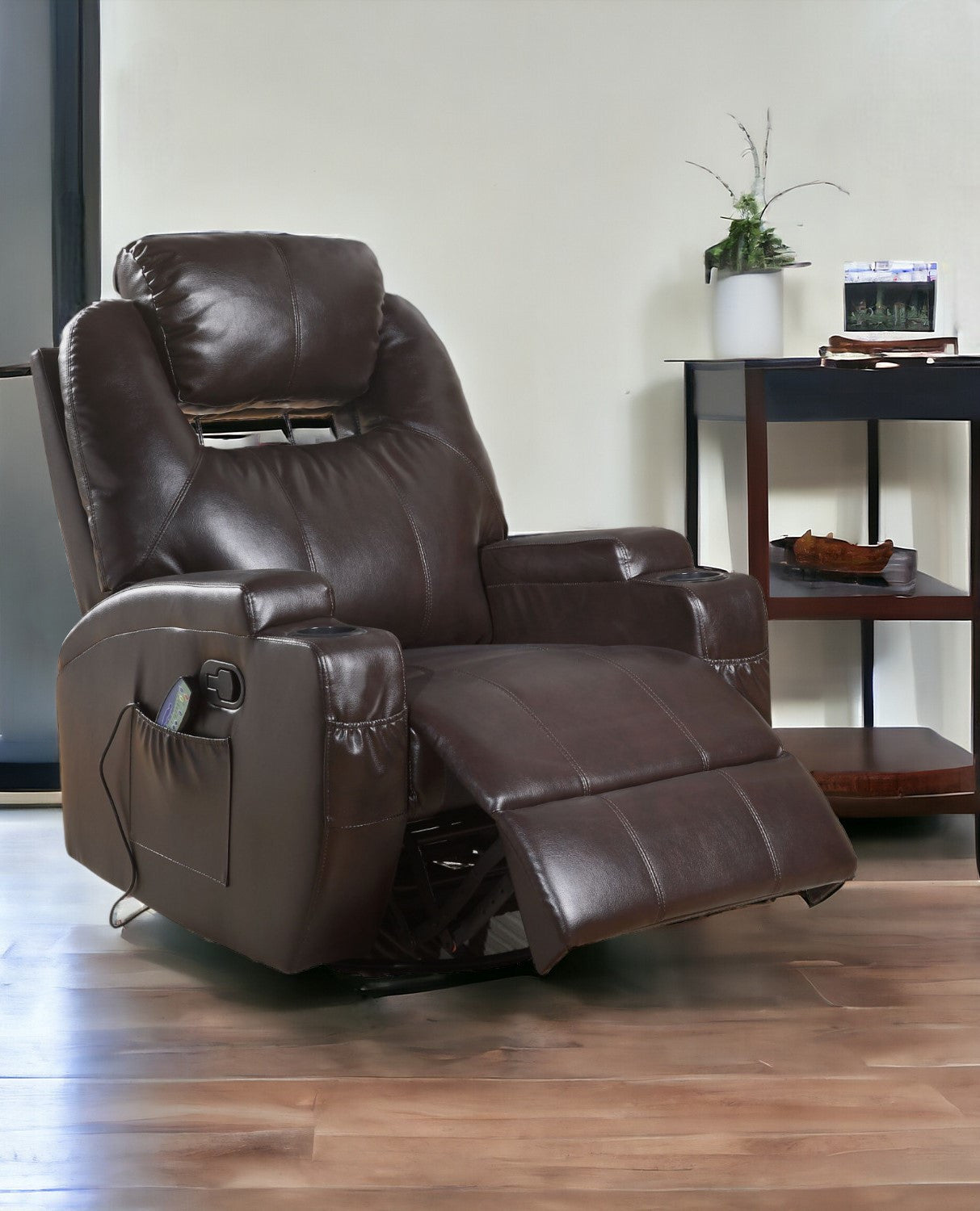 34" Brown Faux Leather Heated Massage Home Theater Recliner