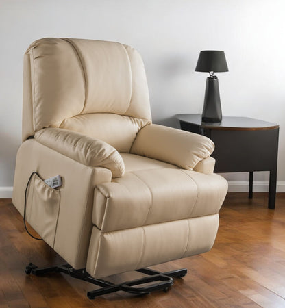 34" Beige Faux Leather Power Massage Lift Assist Recliner