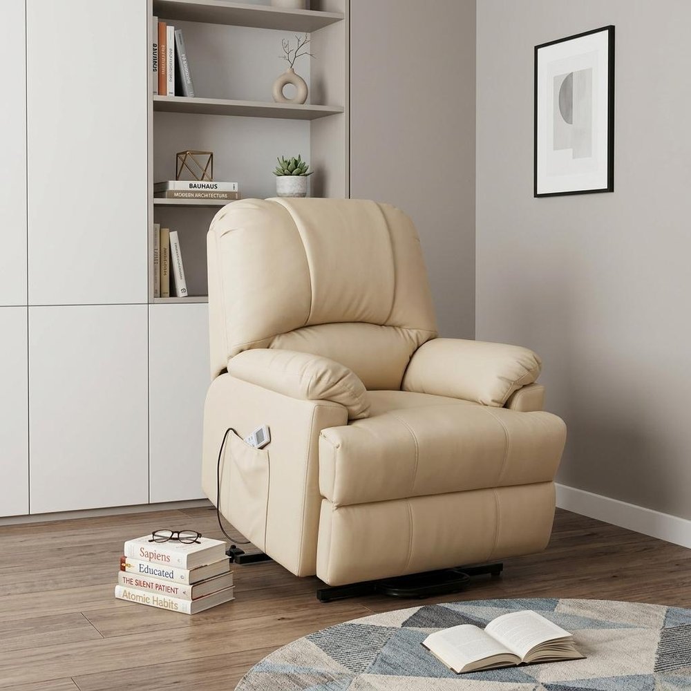 34" Beige Faux Leather Power Massage Lift Assist Recliner