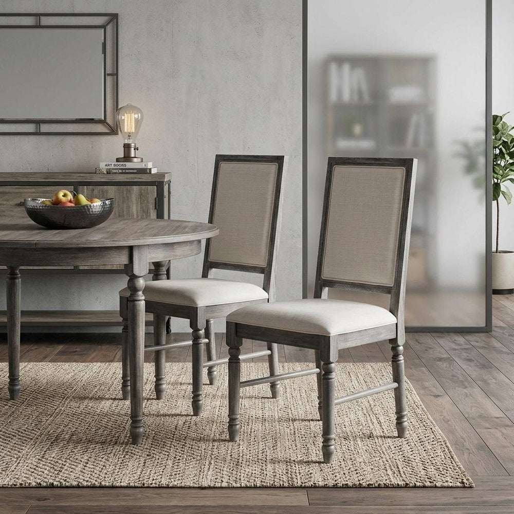Set of Two Cream and Gray Upholstered Linen Dining Side Chairs