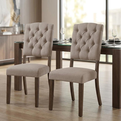 Set of Two Tufted Cream and Brown Upholstered Linen Open Back Dining Side Chairs
