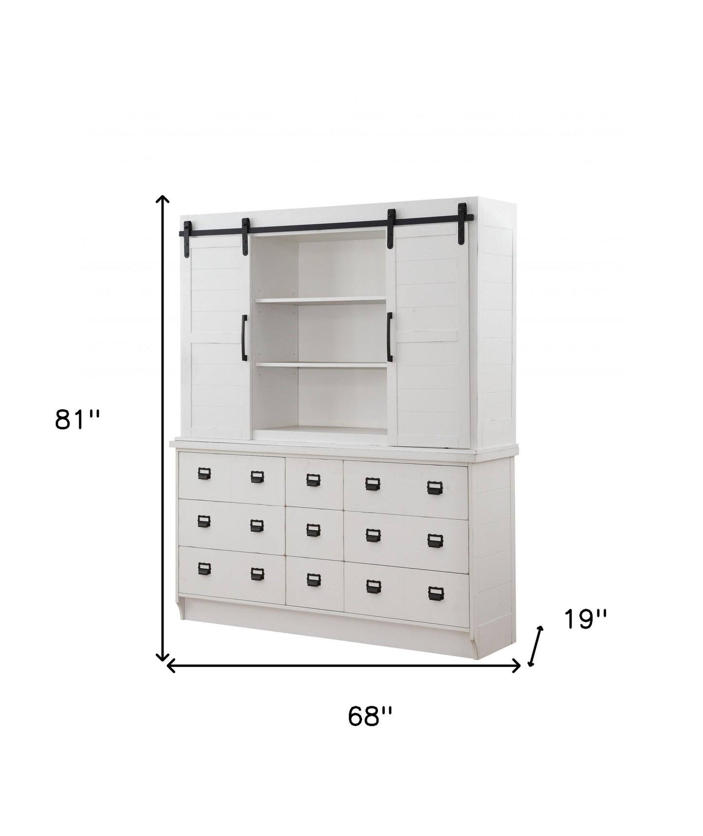 68" White Wood Nine Drawer Dining Hutch with Two Sliding Doors