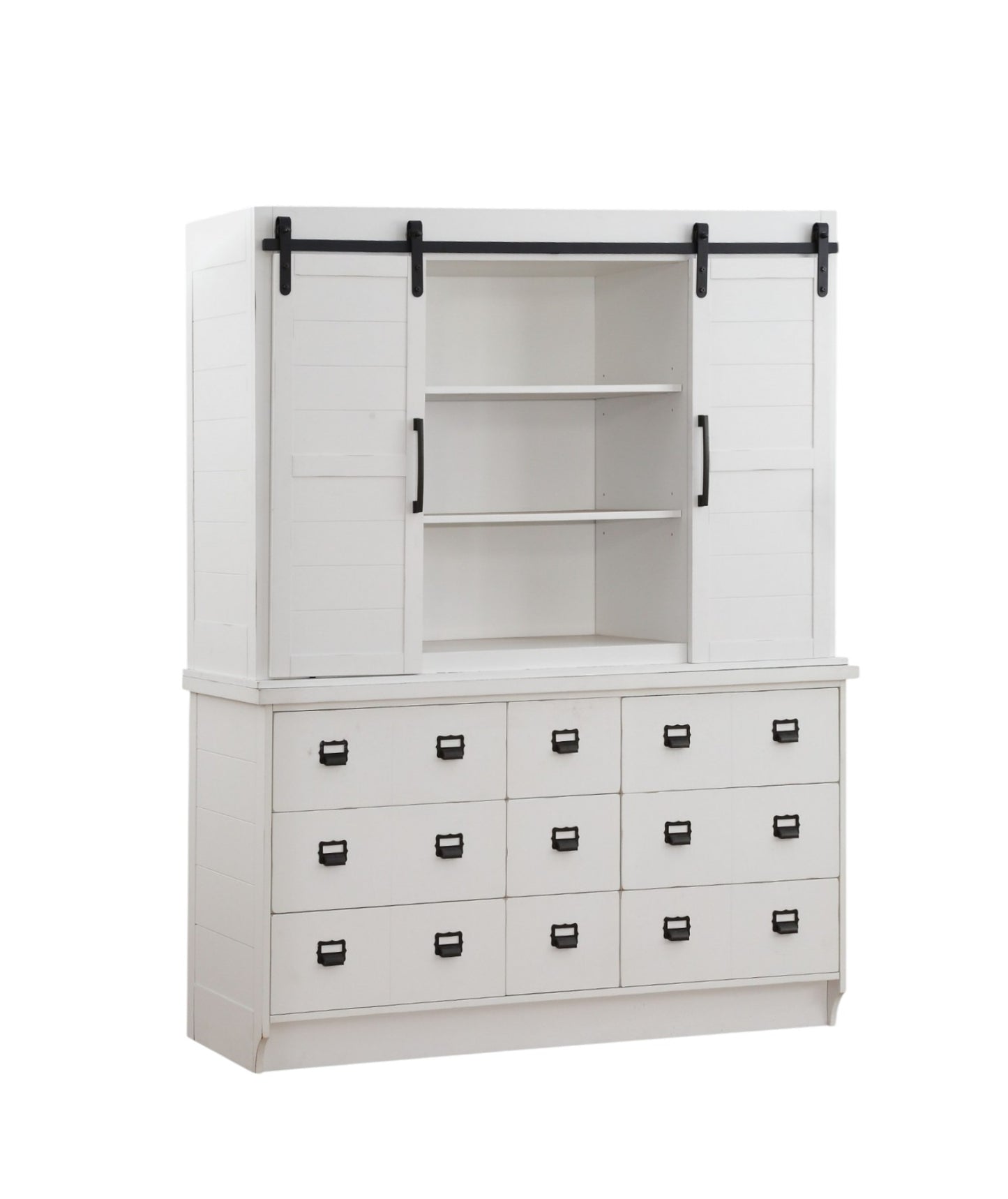 68" White Wood Nine Drawer Dining Hutch with Two Sliding Doors