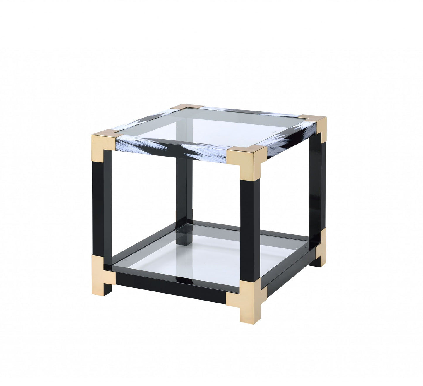 25" Black and Gold And Clear Glass And Iron Square End Table With Shelf With Magazine Holder