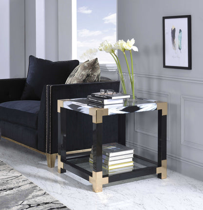 25" Black and Gold And Clear Glass And Iron Square End Table With Shelf With Magazine Holder