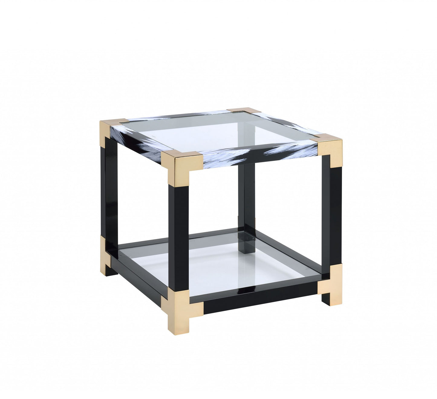 25" Black and Gold And Clear Glass And Iron Square End Table With Shelf With Magazine Holder