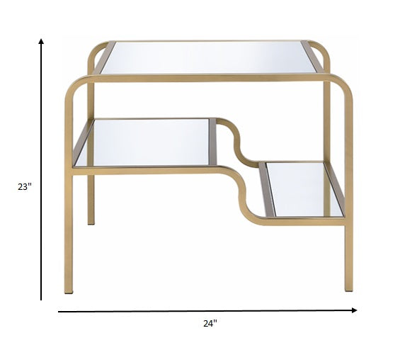 23" Gold And Clear Glass End Table With Two Shelves