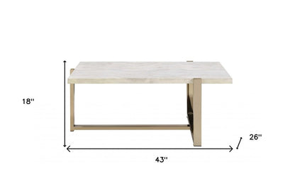43" White and Gold Faux Marble And Iron Frame Coffee Table