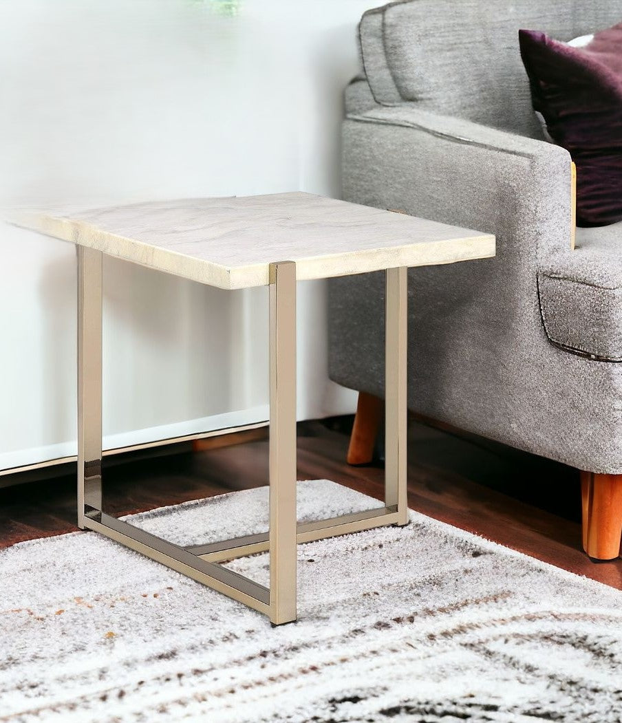 24" Brass And White Faux Marble And Iron Square End Table