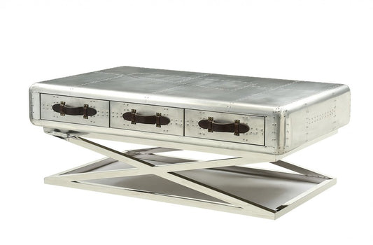 51" Silver Aluminum Trestle Coffee Table With Three Drawers