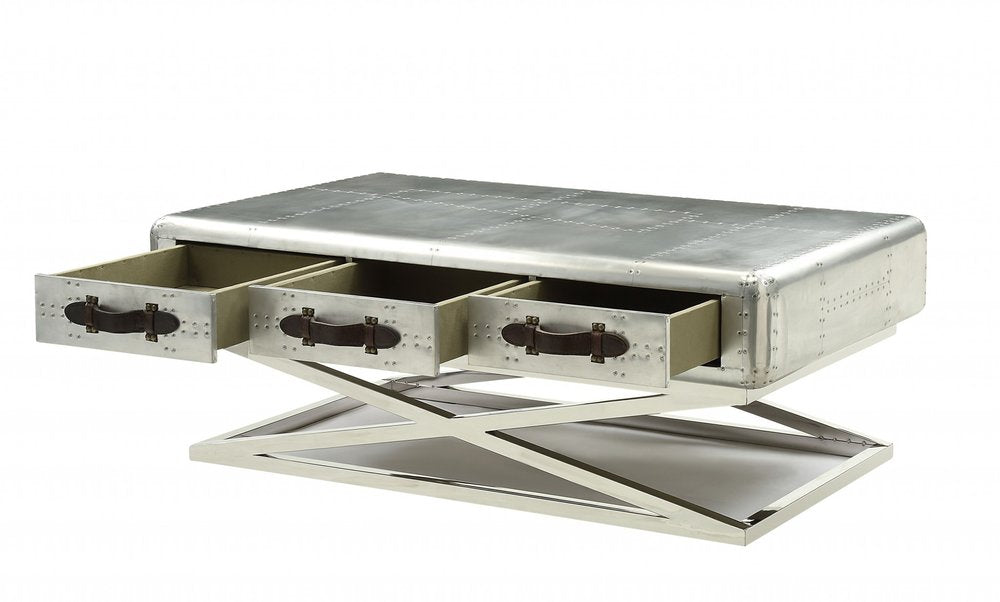 51" Silver Aluminum Trestle Coffee Table With Three Drawers