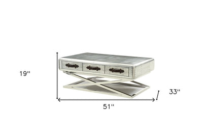 51" Silver Aluminum Trestle Coffee Table With Three Drawers