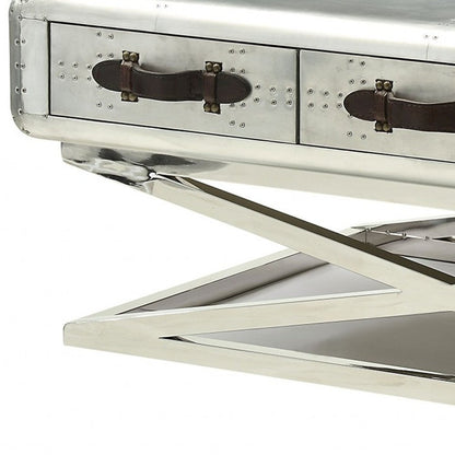 51" Silver Aluminum Trestle Coffee Table With Three Drawers