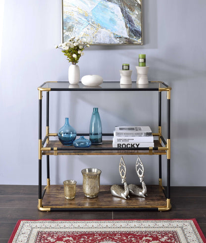 33" Black and Gold And Clear Glass End Table With Two Shelves With Magazine Holder