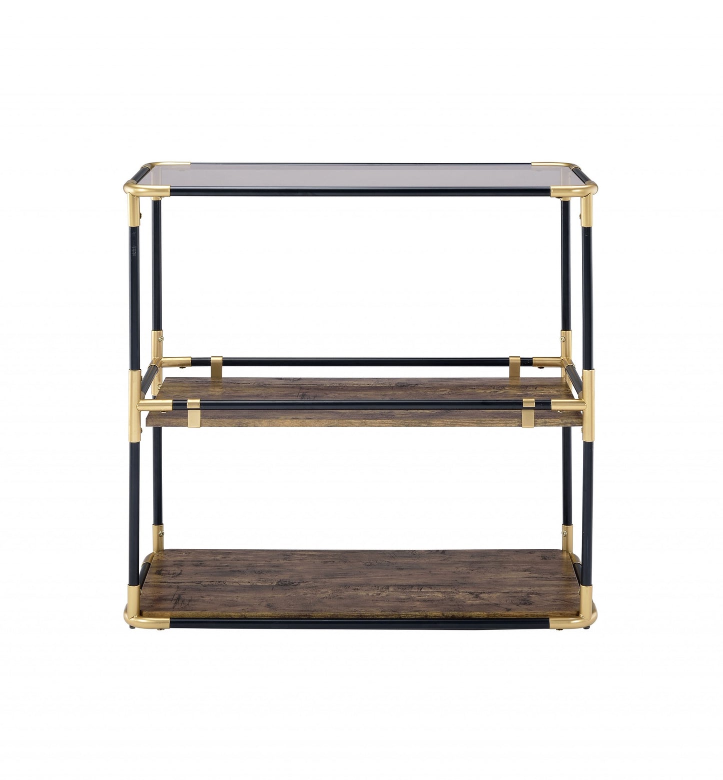 33" Black and Gold And Clear Glass End Table With Two Shelves With Magazine Holder