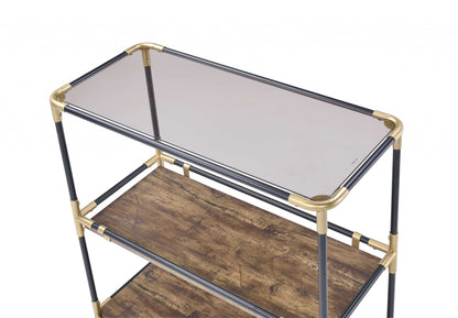 33" Black and Gold And Clear Glass End Table With Two Shelves With Magazine Holder