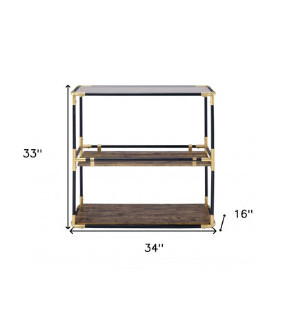 33" Black and Gold And Clear Glass End Table With Two Shelves With Magazine Holder