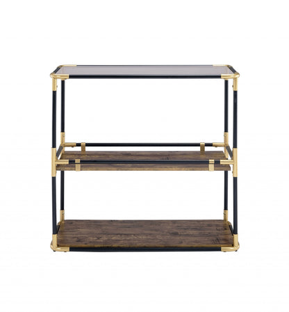 33" Black and Gold And Clear Glass End Table With Two Shelves With Magazine Holder