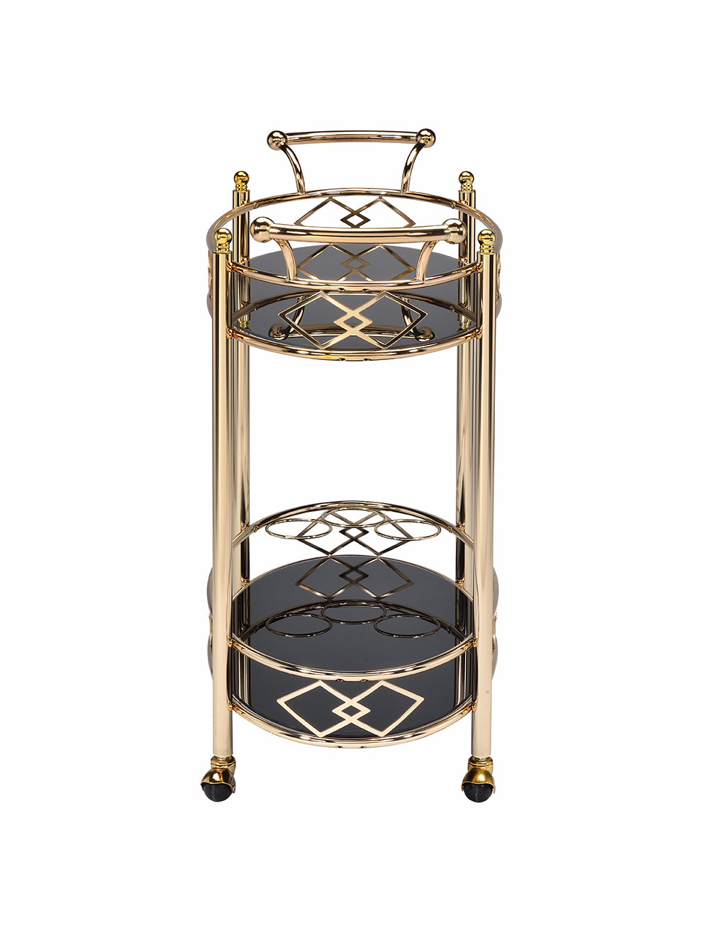 Gold and Black Metal And Glass Oval Rolling Bar Cart