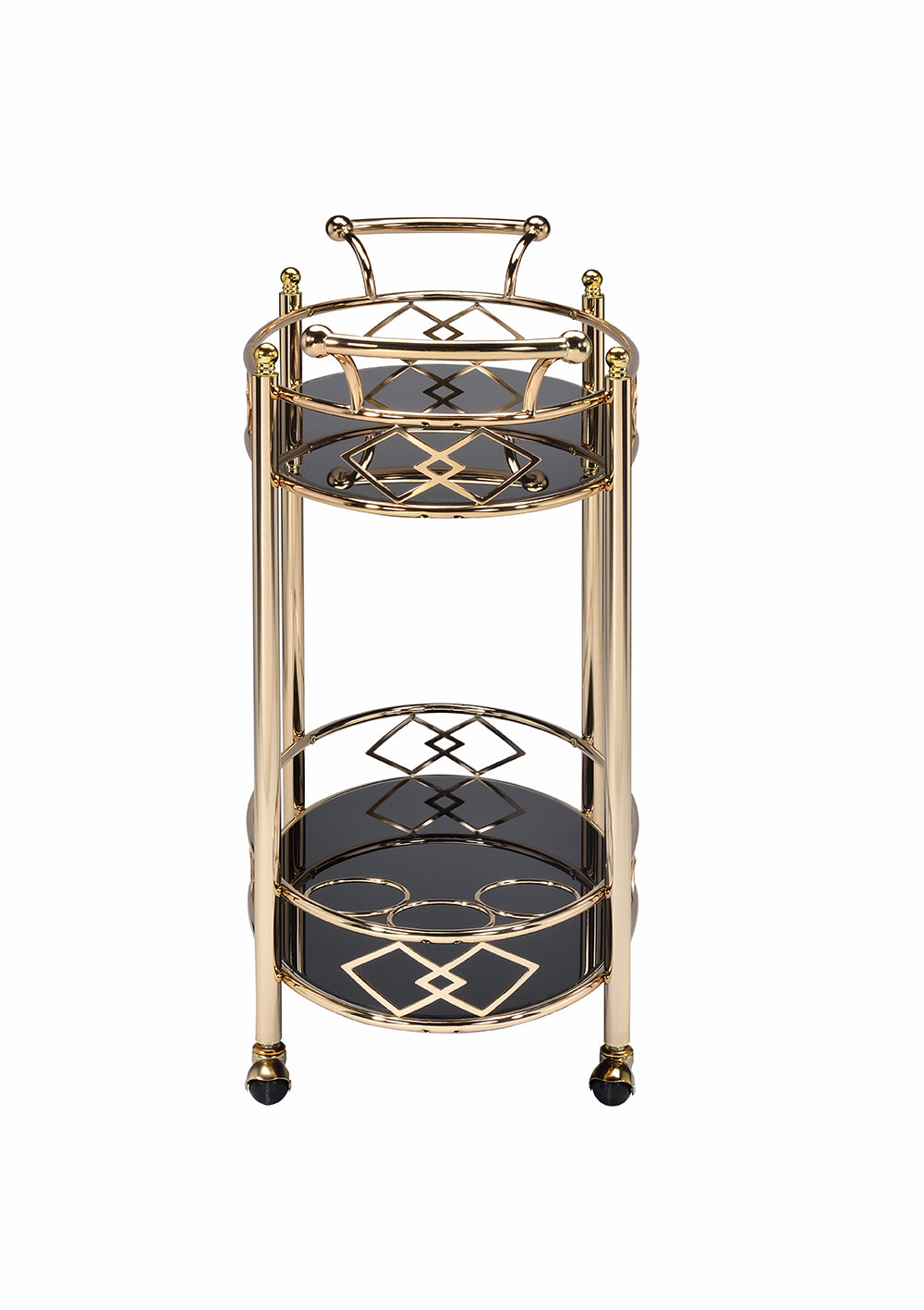 Gold and Black Metal And Glass Oval Rolling Bar Cart