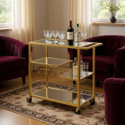 40" Clear and Gold Glass and Iron Rolling Prep Table
