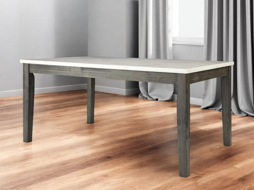 64" White And Gray Marble And Solid Wood Dining Table