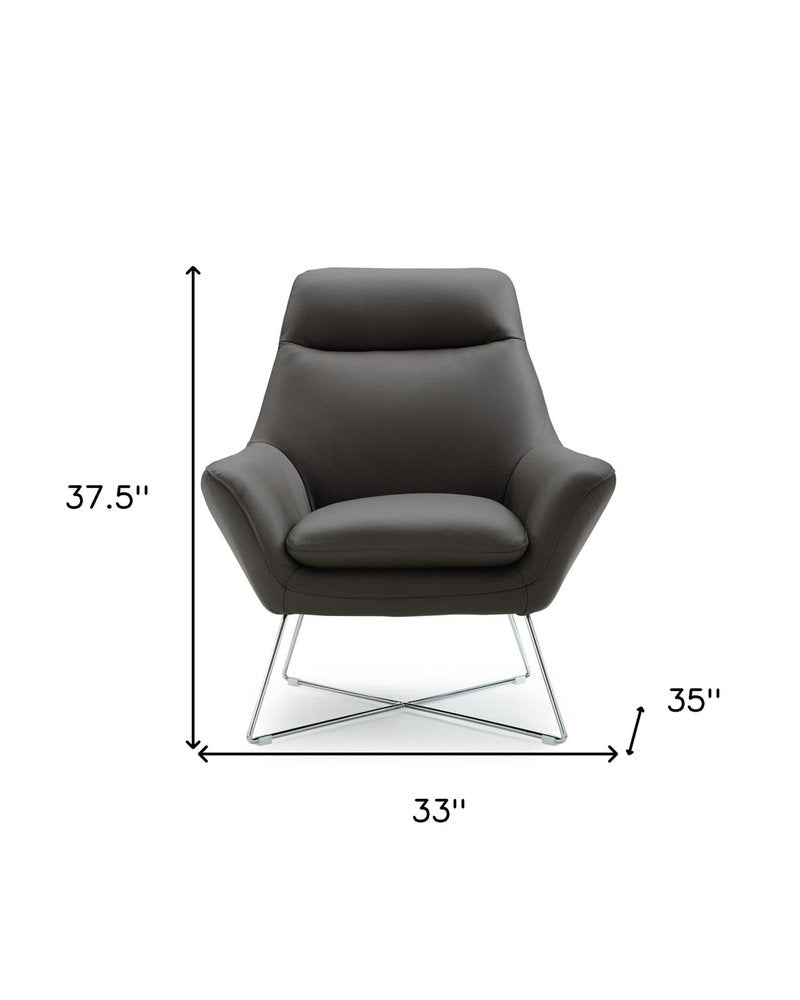 33" Gray and Silver Italian Leather Tufted Arm Chair