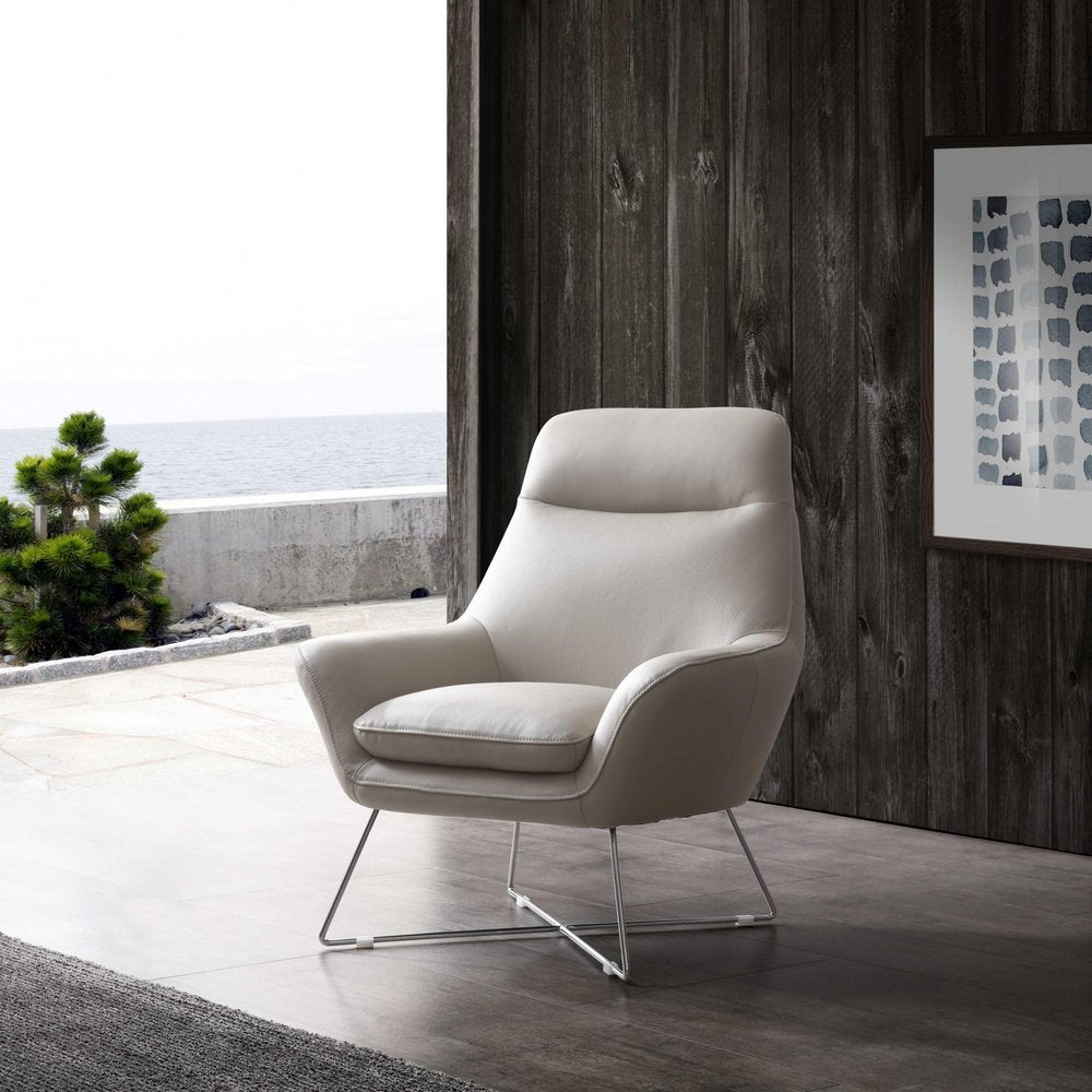 33" Light Gray and Silver Italian Leather Tufted Arm Chair