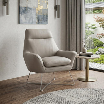 33" Light Gray and Silver Italian Leather Tufted Arm Chair