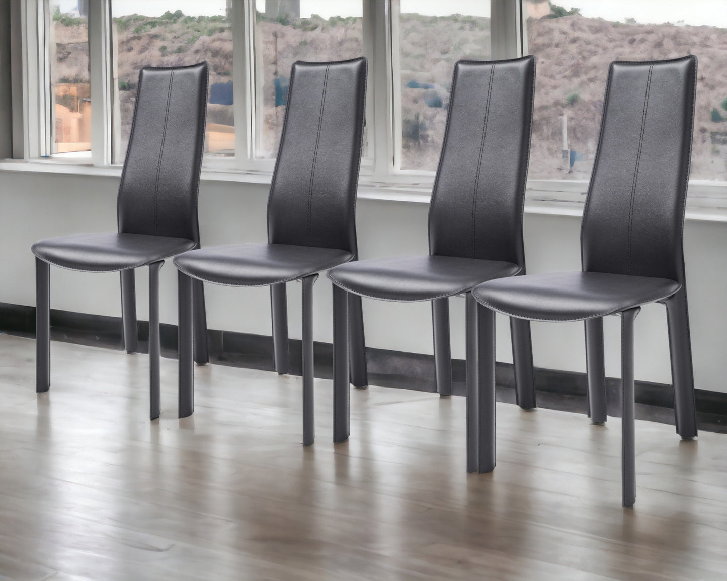 Set of Four Gray Faux Leather Leather Dining Side Chairs