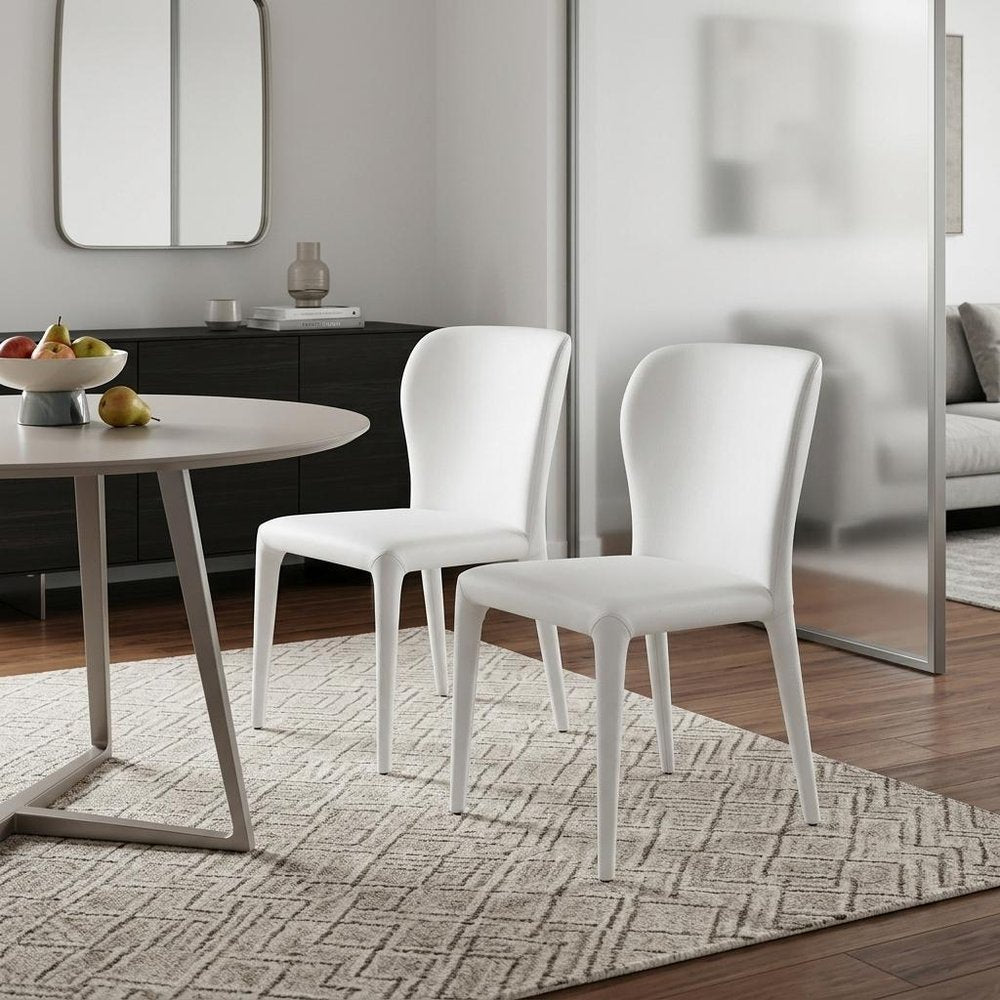 Set of Two White Upholstered Faux Leather Dining Side Chairs