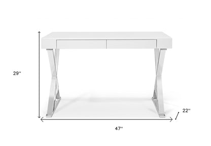 47" White and Silver Writing Desk With Two Drawers