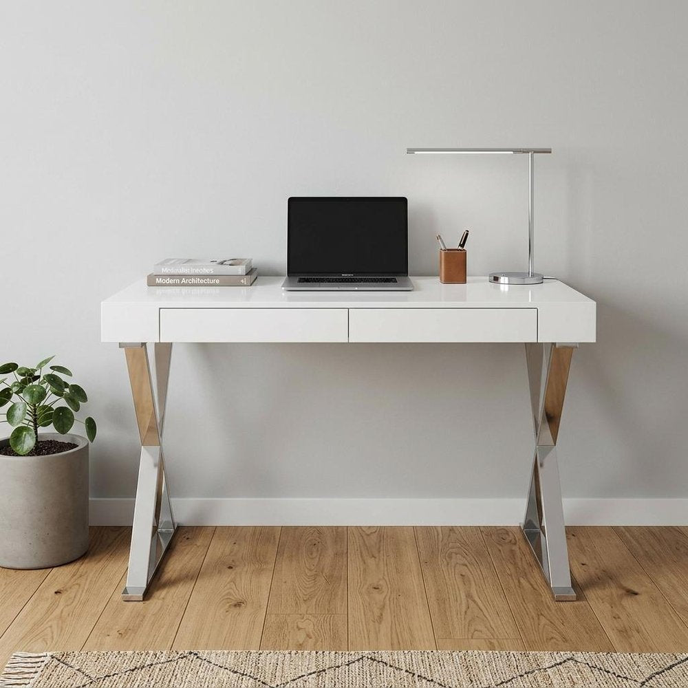 47" White and Silver Writing Desk With Two Drawers