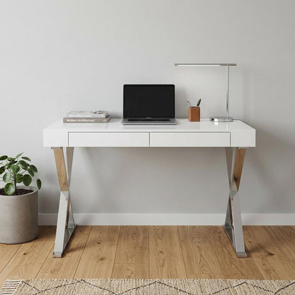 47" White and Silver Writing Desk With Two Drawers